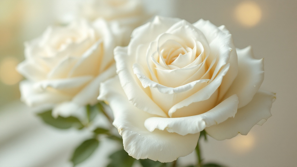 Drie witte rozen in volle bloei met dauwdruppels op de zachte bloemblaadjes — witte rozen betekenis: puurheid en nieuwe beginnen