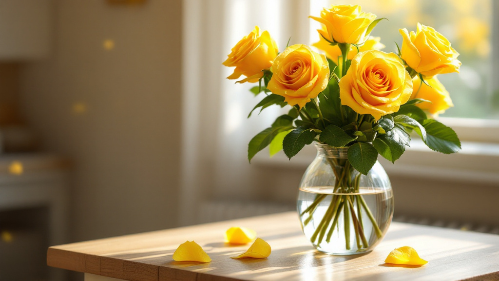 Gele rozen in glazen vaas op houten tafel bij raam — fris boeket met dauwdruppels voor optimale gele rozen verzorging