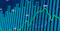 Abstract financial chart with glowing blue bar graphs and green and purple trend lines on a dark background.