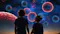 Two people, seen from behind, stand side by side under a twilight sky, gazing upward. The scene blends science fiction with biology, depicting an imaginative sky filled with oversized, glowing red and blue cells floating like celestial bodies in space. The figures appear to be observing this surreal display in wonder. The foreground suggests a human connection to science and discovery, with the cellular elements symbolizing medical or biological themes.