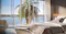 A luxurious bedroom with a stunning view of a waterfront. The room features large floor-to-ceiling windows that allow natural light to flood in, offering a picturesque view of palm trees and water. The interior design includes a comfortable bed with neutral-colored bedding, a textured wall behind the bed, and a modern chair. The overall ambiance is serene and elegant, emphasizing a seamless connection between indoor comfort and outdoor beauty.