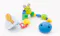 Pacifier with multi-colour wooden holder rattle attached.