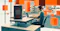 Person working on a laptop beside a server rack in a modern office, surrounded by large floating orange cubes and soft natural light.