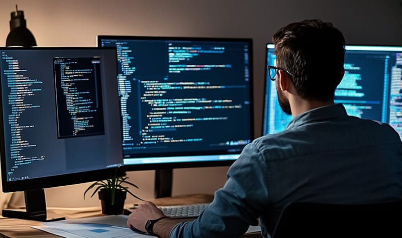 A developer in front of his workstation, with several monitors displaying lines of code