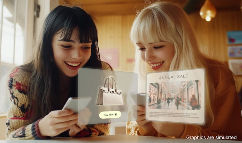 Two young women enjoy an immersive AR shopping experience on their mobile phones