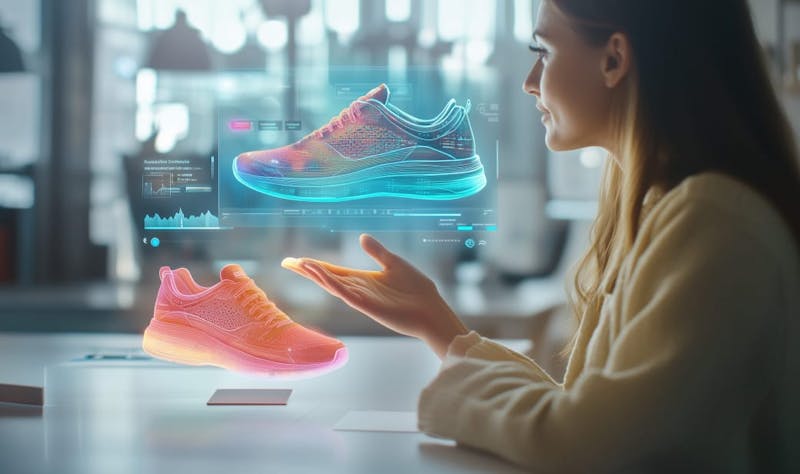 A woman interacts with a virtual 3D model of a sneaker