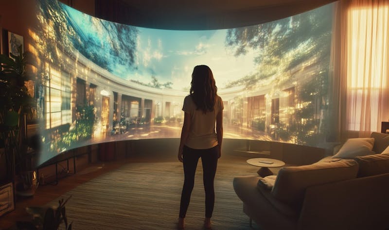 A woman experiencing a virtual tour of a luxurious villa from the comfort of her living room