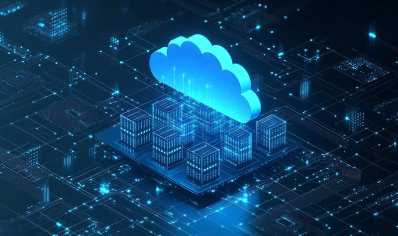 A 3D rendering of a cloud based network grid