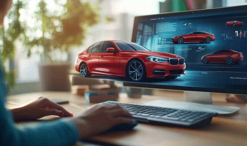 An immersive browser experience showing an interactive 3D model of a red car