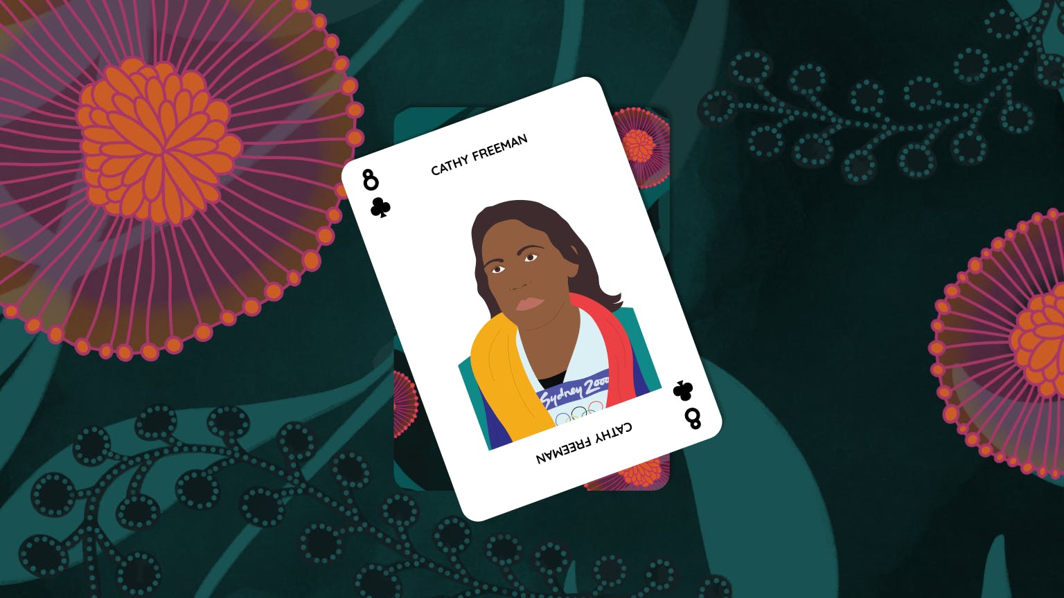 A playing card, the eight of hearts, sits on an angle above native flower patterns by Alysha Menzel. The card shows an illustrated version of Cathy Freeman at the Sydney 2000 Olympics.