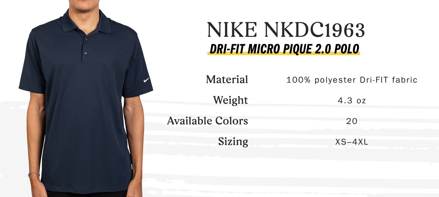 nike nkdc1963 dri-fit micro pique 2.0 polo, material 100 percent polyester dri-fit fabric, weight 4.3 oz, available colors 20, sizing extra small to four extra large