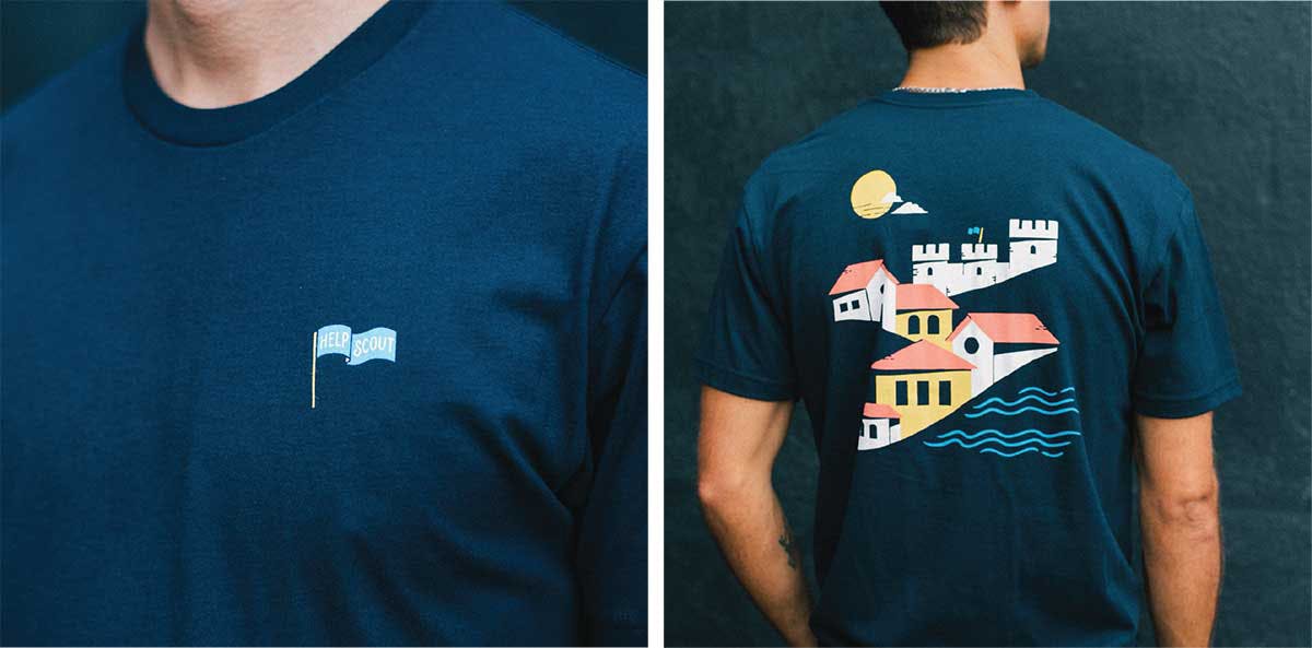 side-by-side of the front and back of a navy t-shirt