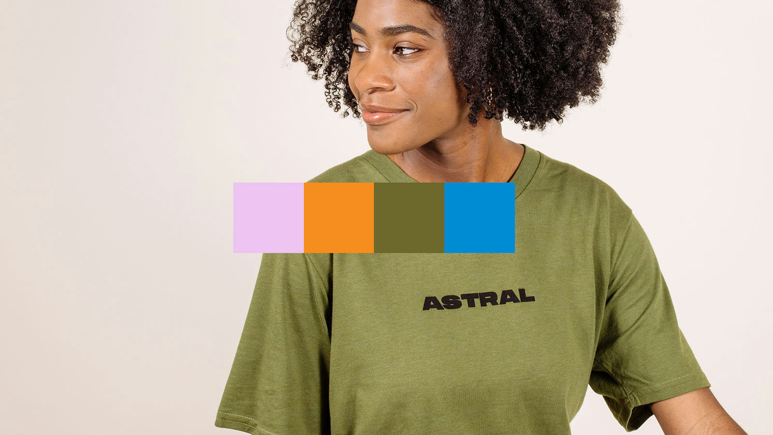 Women in a green t-shirt with 4 spring colors in squares overlaying the image.