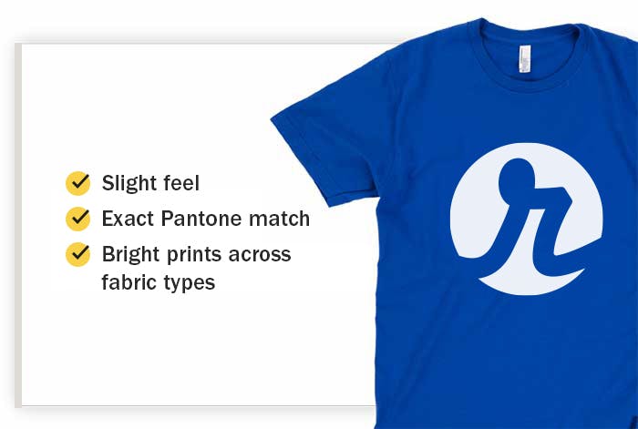 super soft solid blue t-shirt with the real thread logo. Line one - slight feel, line two - exact pantone match, line three - bright prints across fabric types