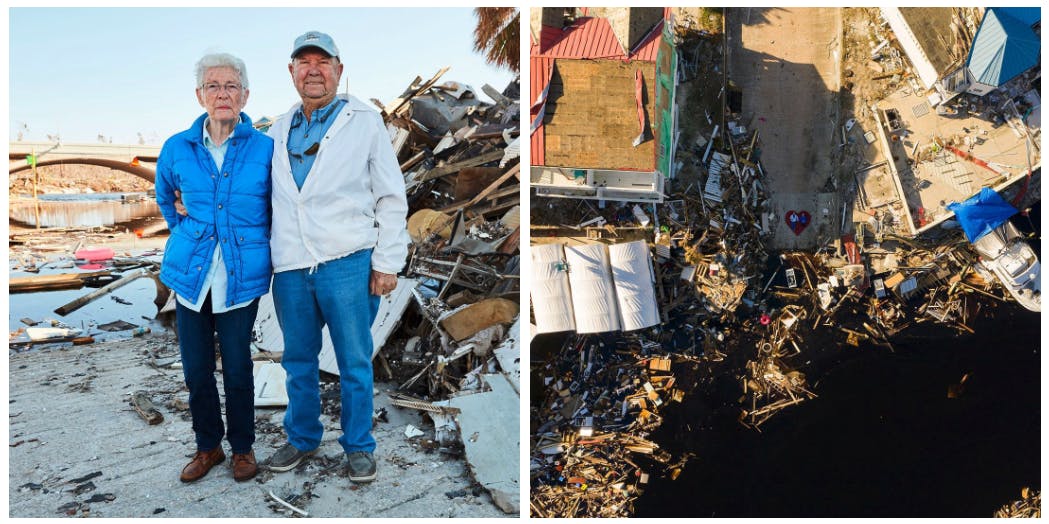 side-by-side images, one of a couple people, the other aerial view of storm damage