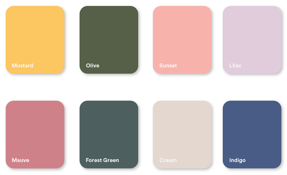 8 colors: mustard, olive, sunset, lilac, mauve, forest green, cream, and indigo