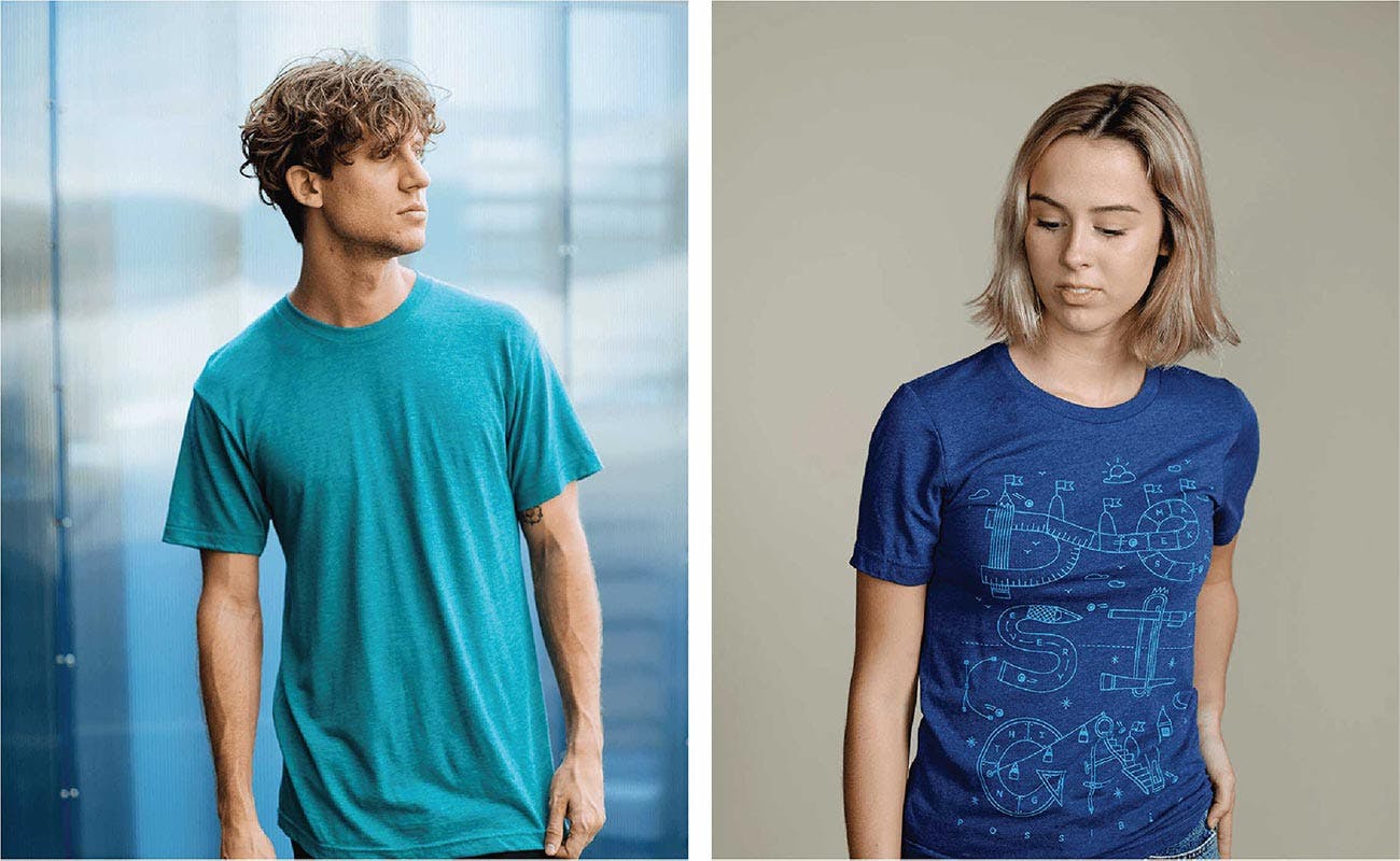 side-by-side of two people wearing tri-blends side-by-side of two people wearing tri-blends