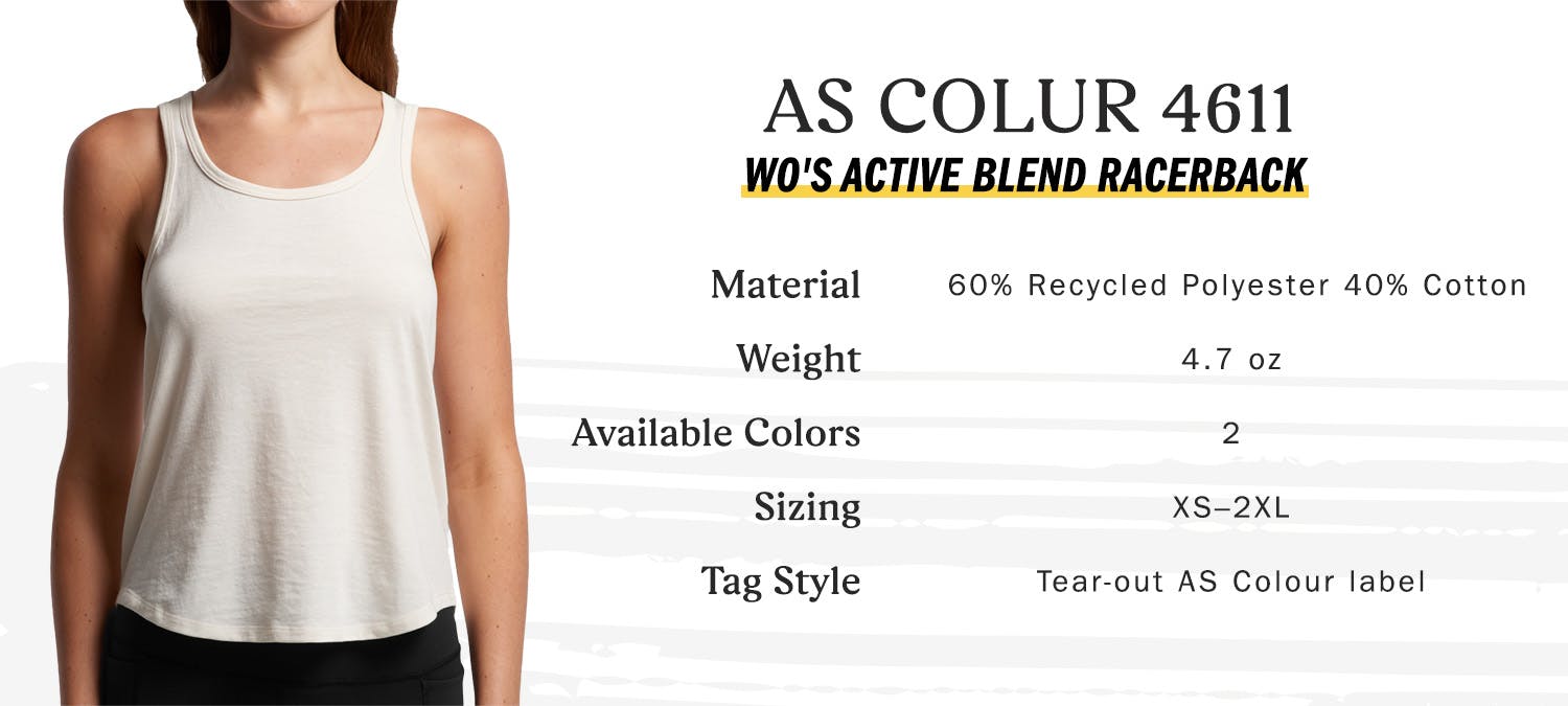 as colour 4611 wo's active blend racerback - material 60 percent recycled polyester, 40 percent cotton, weight 4.7 oz, available colors 2, sizing extra-small to two extra large, tag stule tear-out as colour label