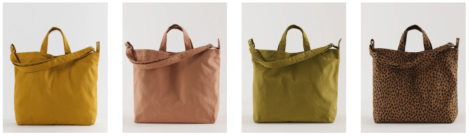 filled tote bags in brown, red-brown, olive, and cheta color