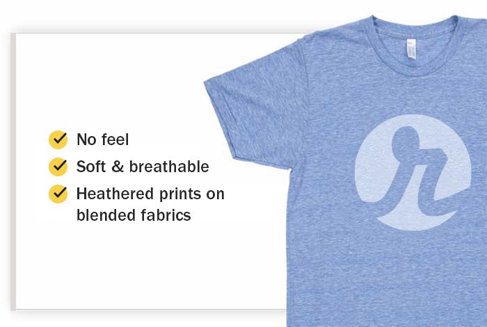 super soft heather blue t-shirt with the real thread logo. Line one - no feel, line two - soft and breathable, line three - heathered prints on blended fabrics