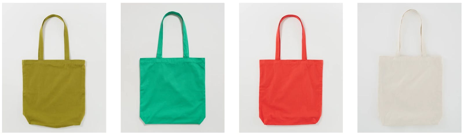 empty olive, green, red, and white tote bags