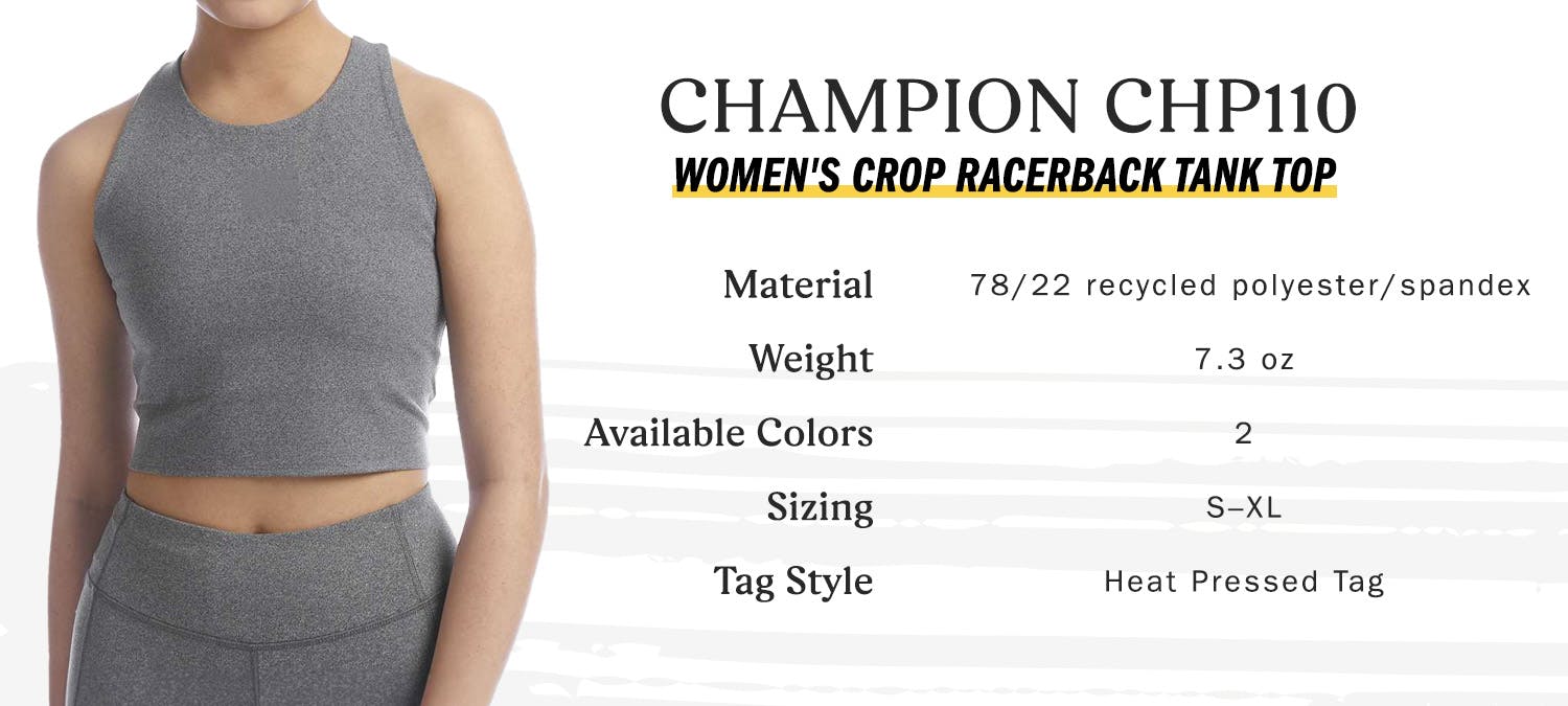 champion chp110 women's crop racerback tank top - material 78 percent recycled polyester and 22 percent spandex, weight 7.3 oz, available colors 2, sizing small to extra-large, tag style heat pressed tag