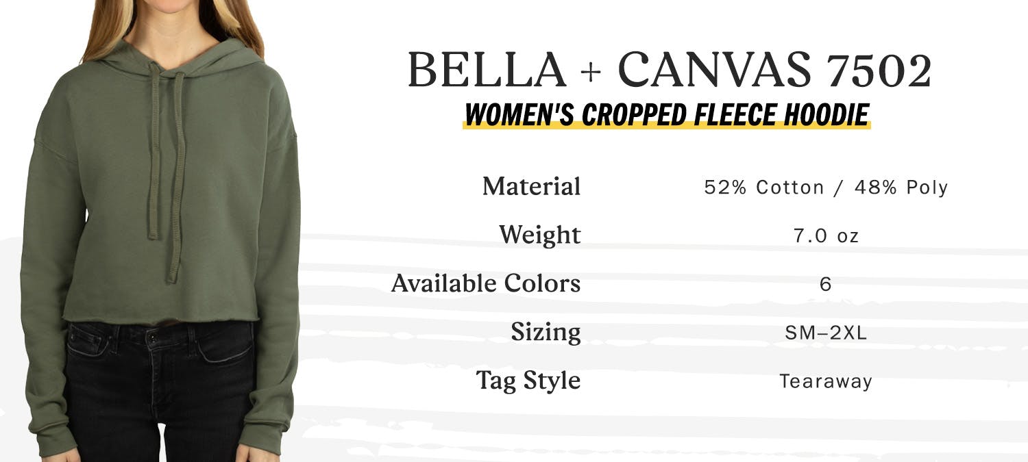 Bella + Canvas 7502 - Women's Cropped Fleece Hoodie, material 52 percent cotton - 48 percent poly, weight 7.0 oz, available colors 6, sizing small to 2 extra large, tag style tearaway Bella + Canvas 7502 - Women's Cropped Fleece Hoodie, material 52 percent cotton - 48 percent poly, weight 7.0 oz, available colors 6, sizing small to 2 extra large, tag style tearaway