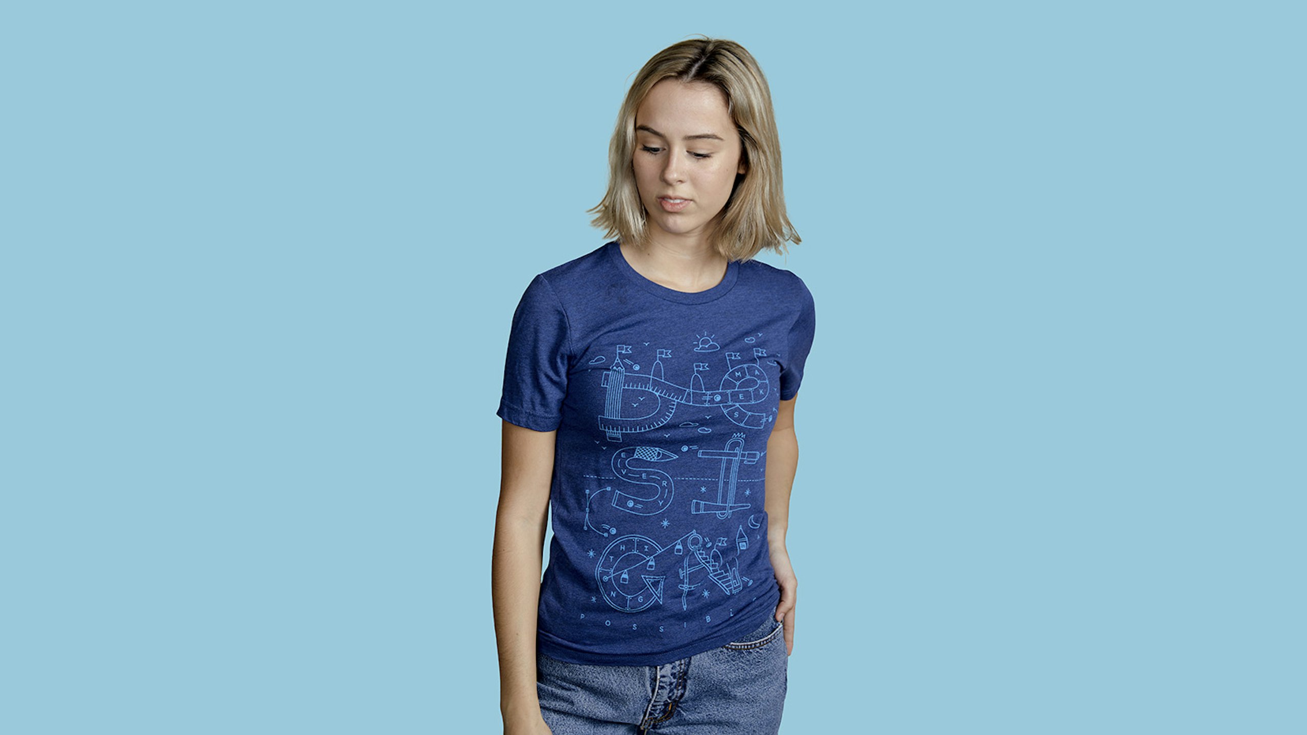 Women wearing a tri-blend navy t-shirt
