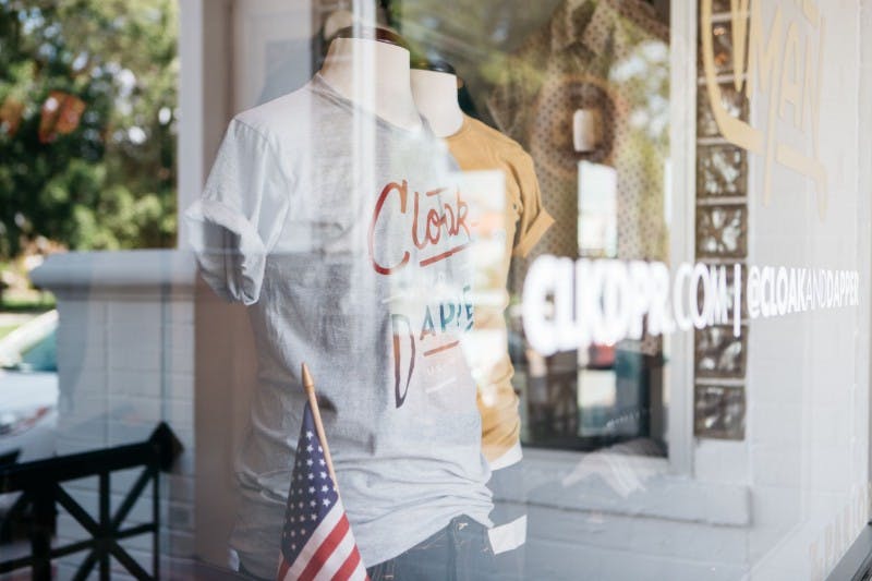 Cloak & Dapper t-shirt window display Cloak & Dapper t-shirt window display