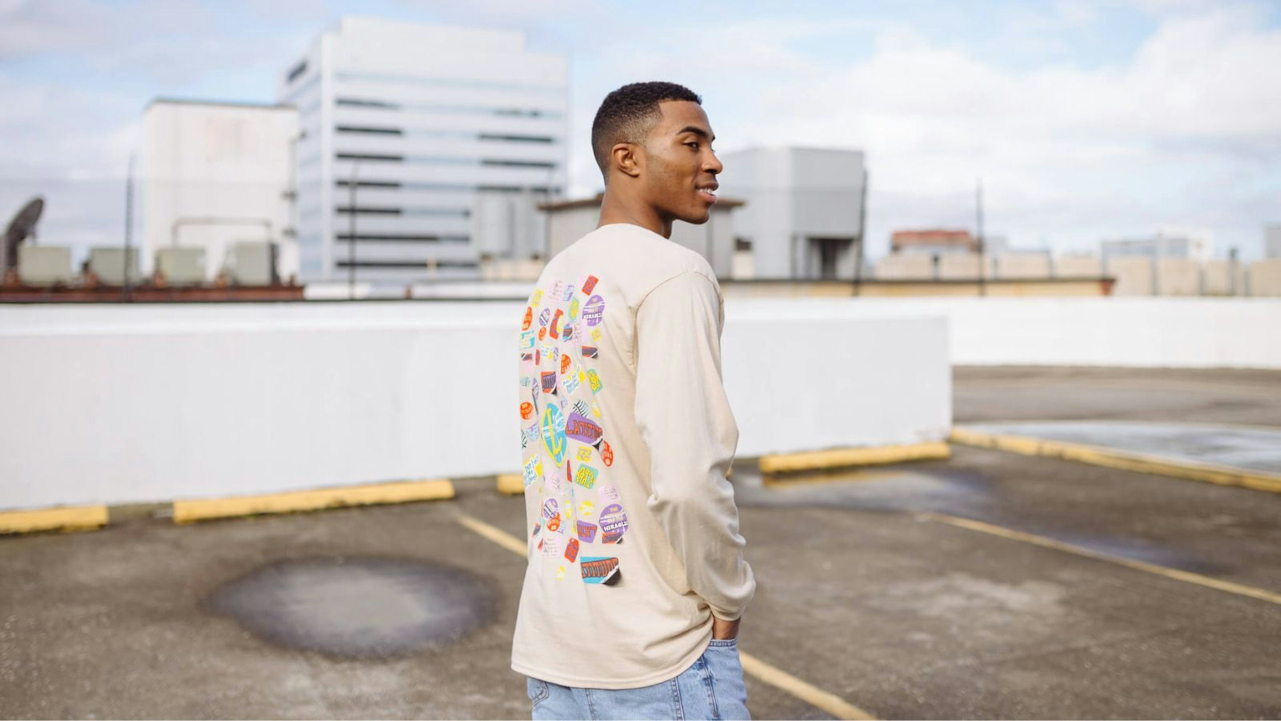 man wearing a off-white long sleeve t-shirt