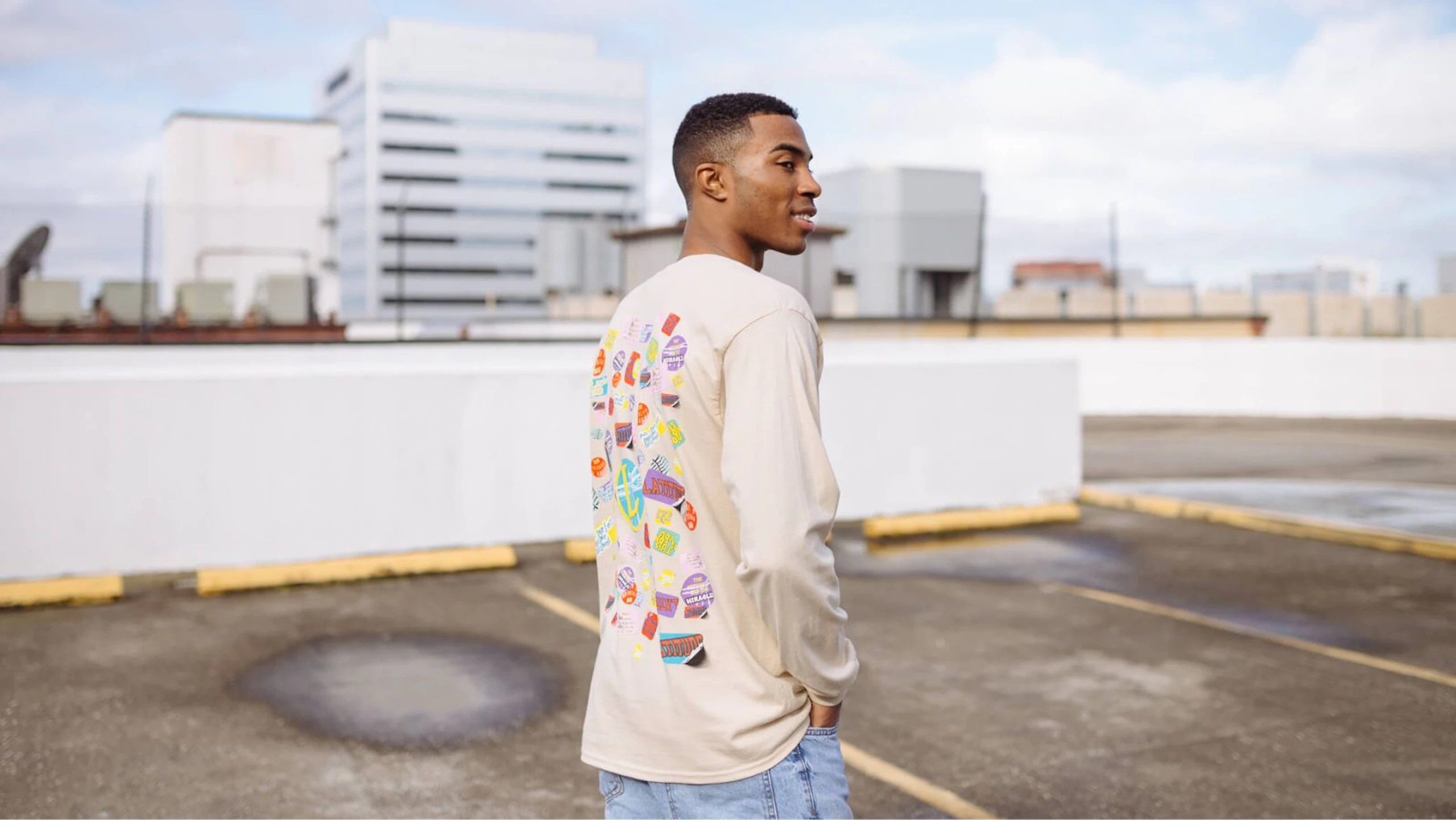 man wearing a off-white long sleeve t-shirt