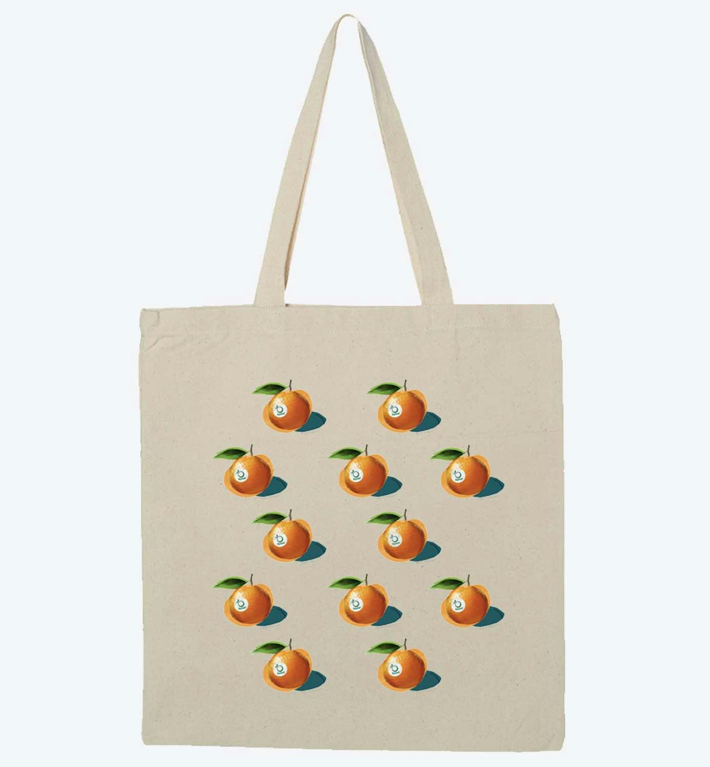A custom tote with an orange logo multiple times. A custom tote with an orange logo multiple times.