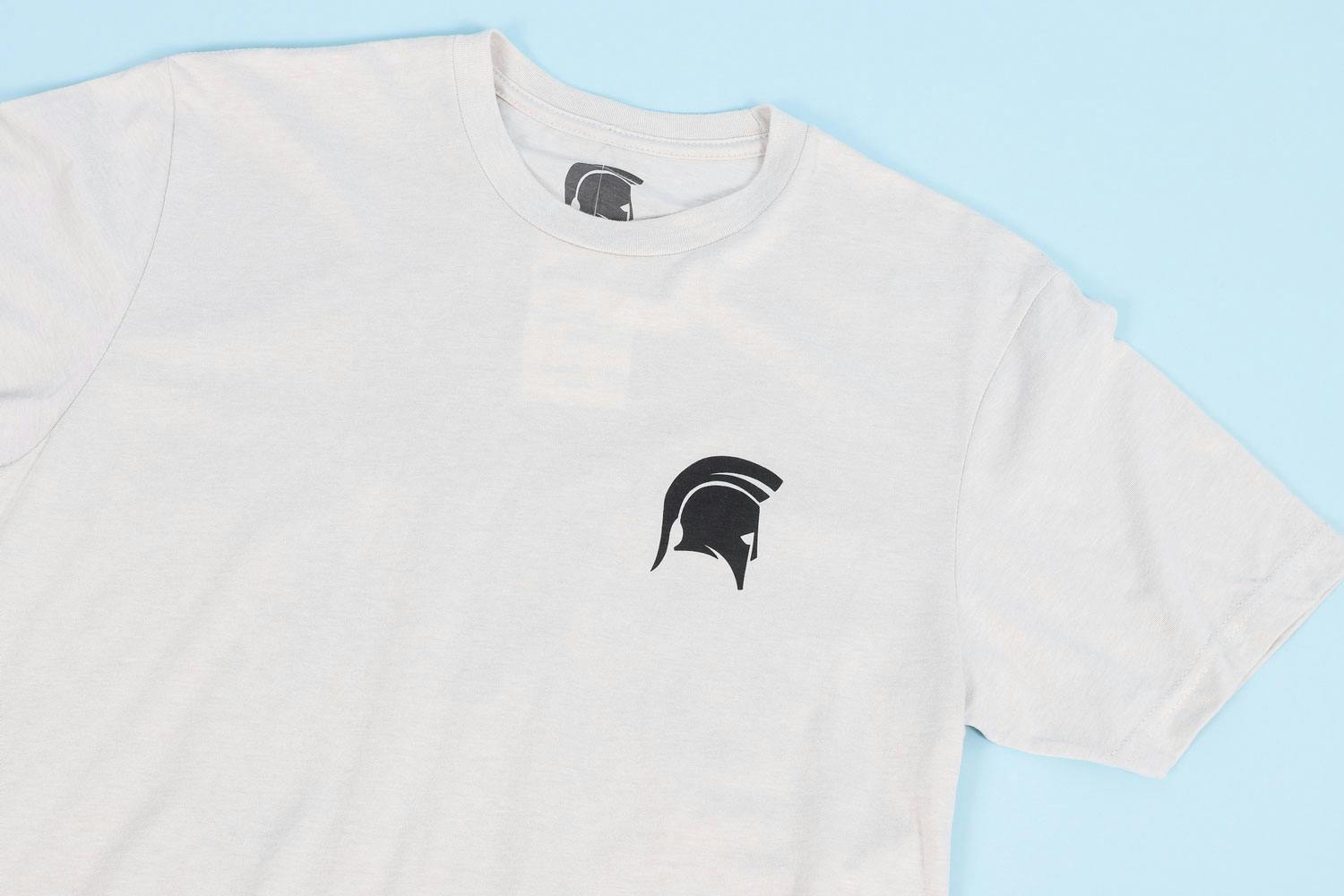 white t-shirt with small black spartan helmet logo on chest white t-shirt with small black spartan helmet logo on chest