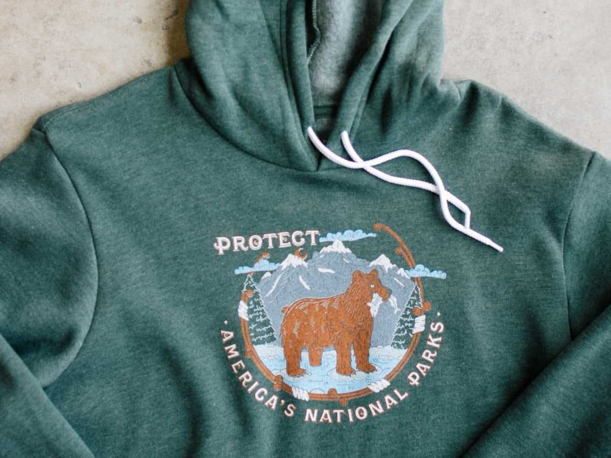 A custom printed hoodie with a National Park design. A custom printed hoodie with a National Park design.