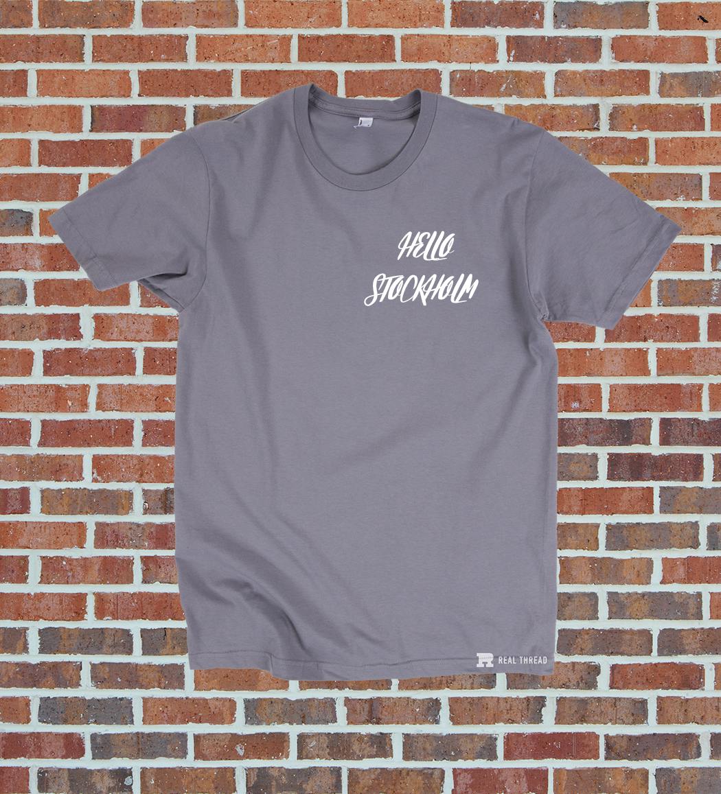 slate purple shirt with hello stockholm font slate purple shirt with hello stockholm font
