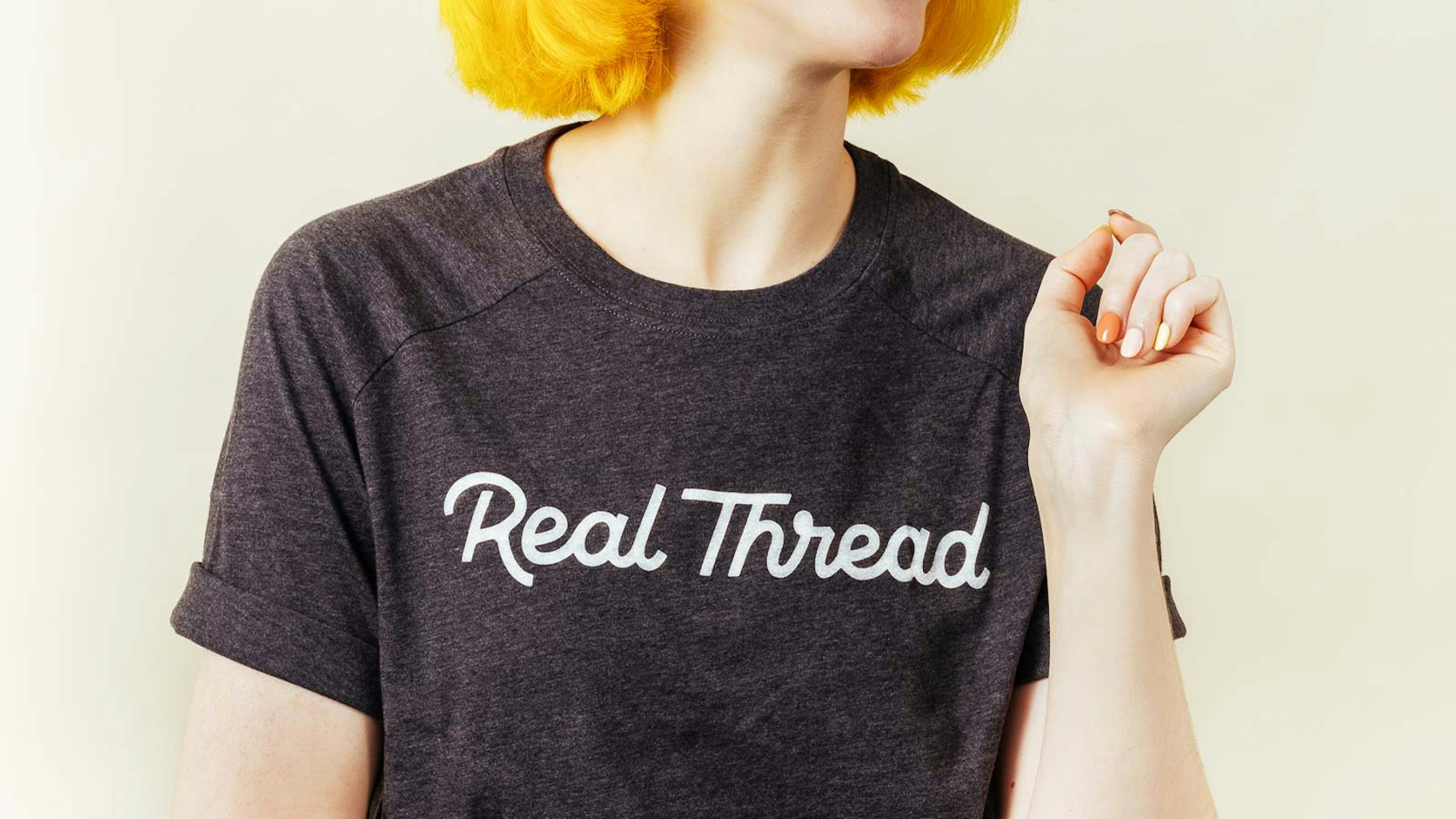 women wearing a real thread t-shirt