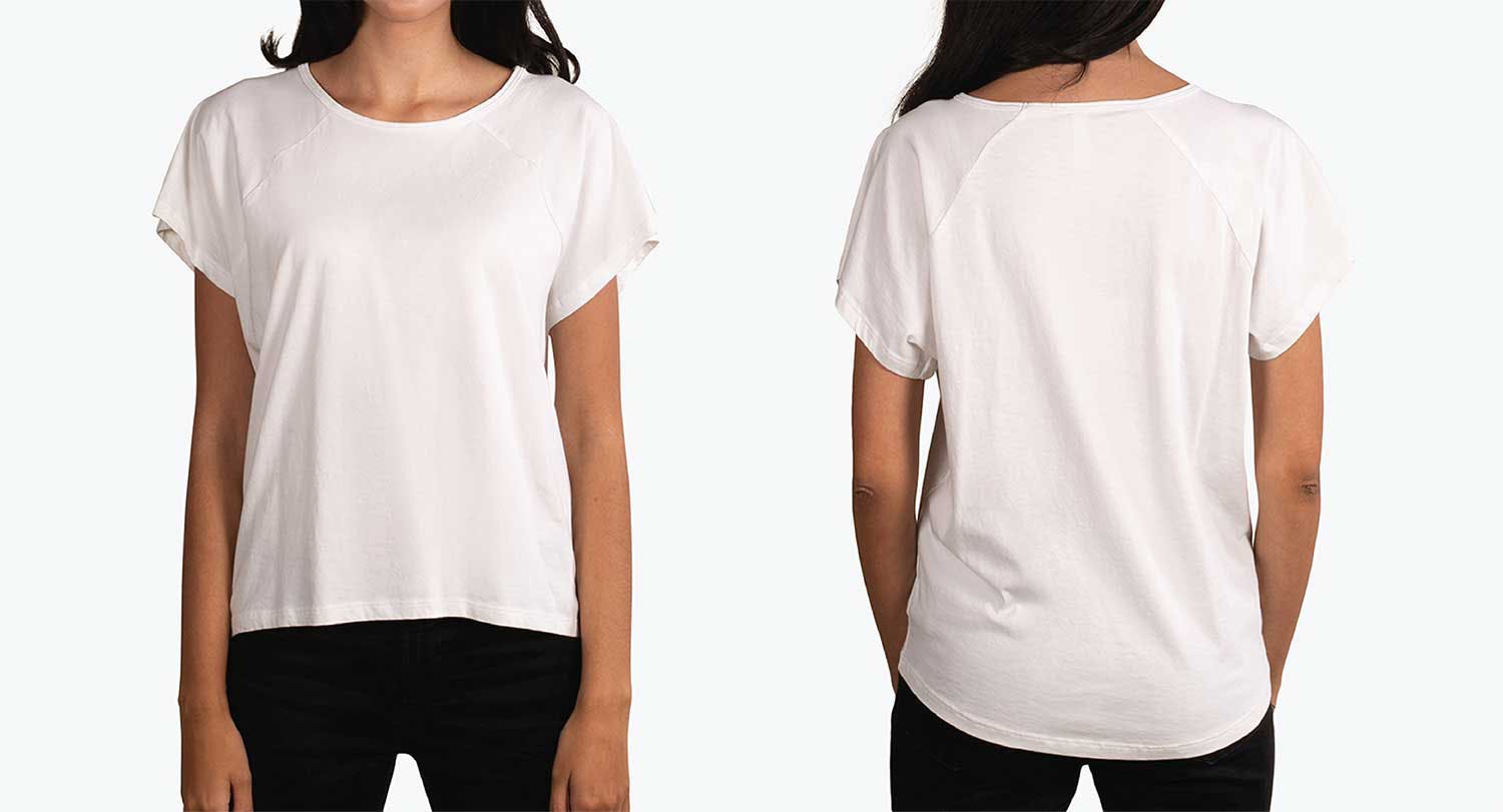 woman wearing scoop neck front and back white shirt woman wearing scoop neck front and back white shirt