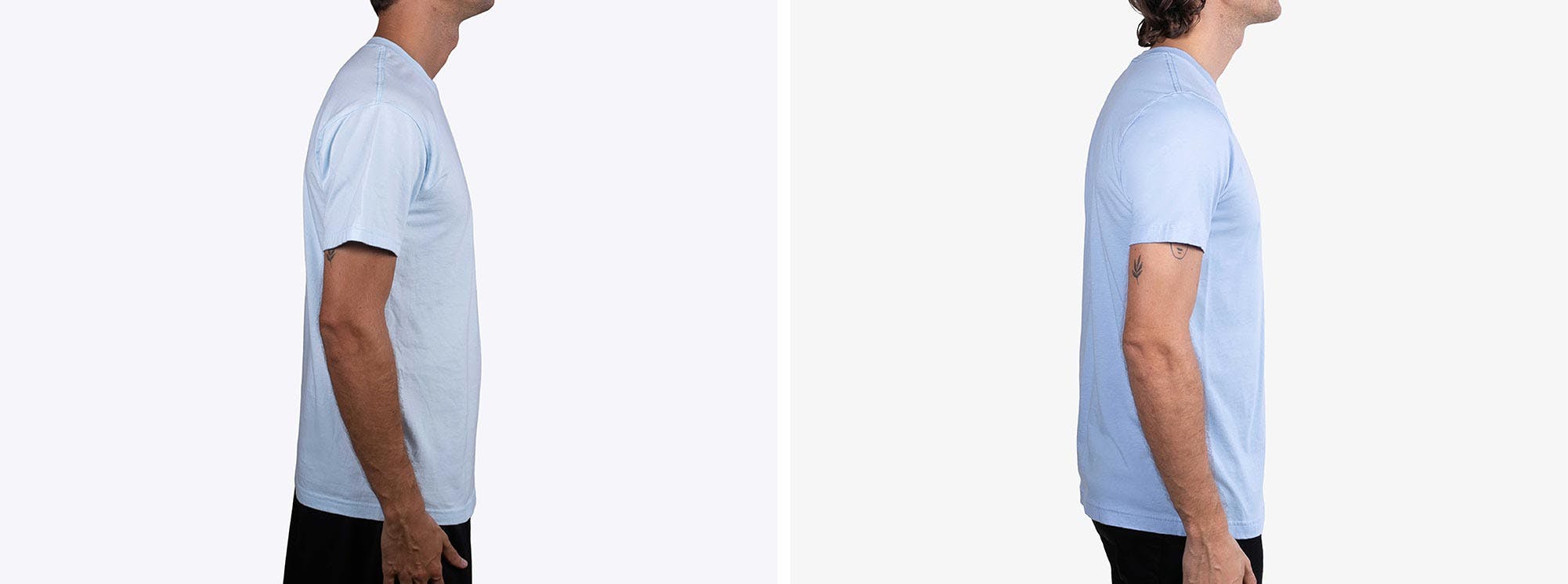 two images of man showing side seam blue shirt two images of man showing side seam blue shirt