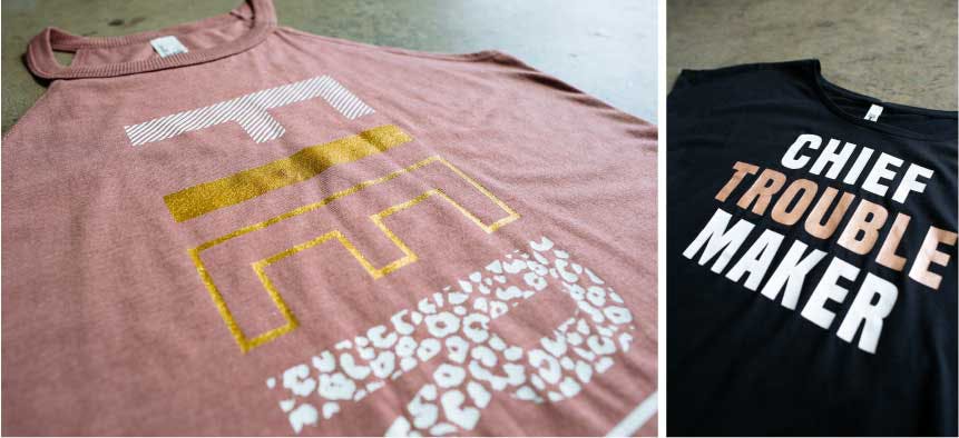 two shirts with gold foil printing two shirts with gold foil printing