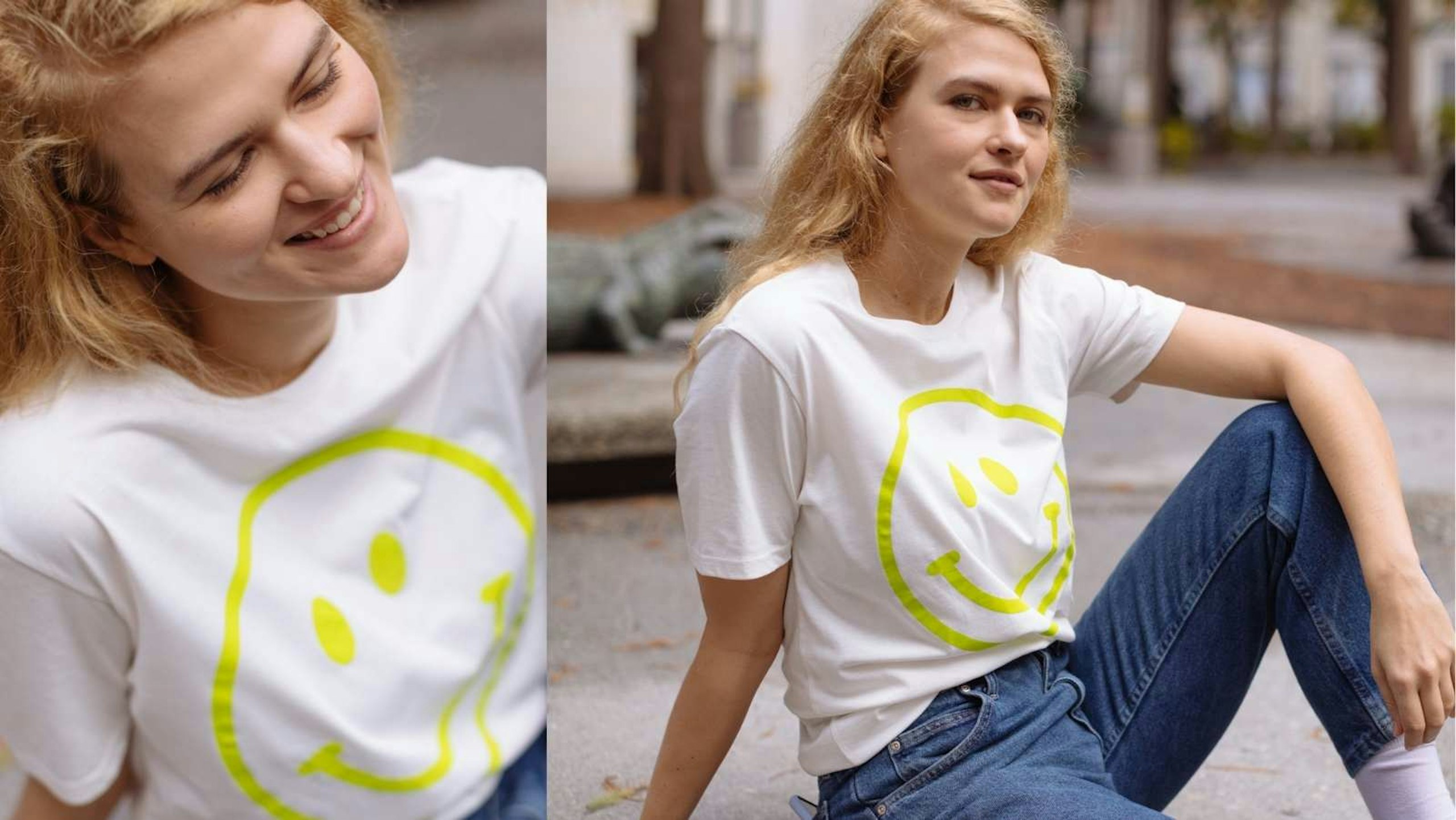 women wearing a yellow smile icon on a white t-shirt
