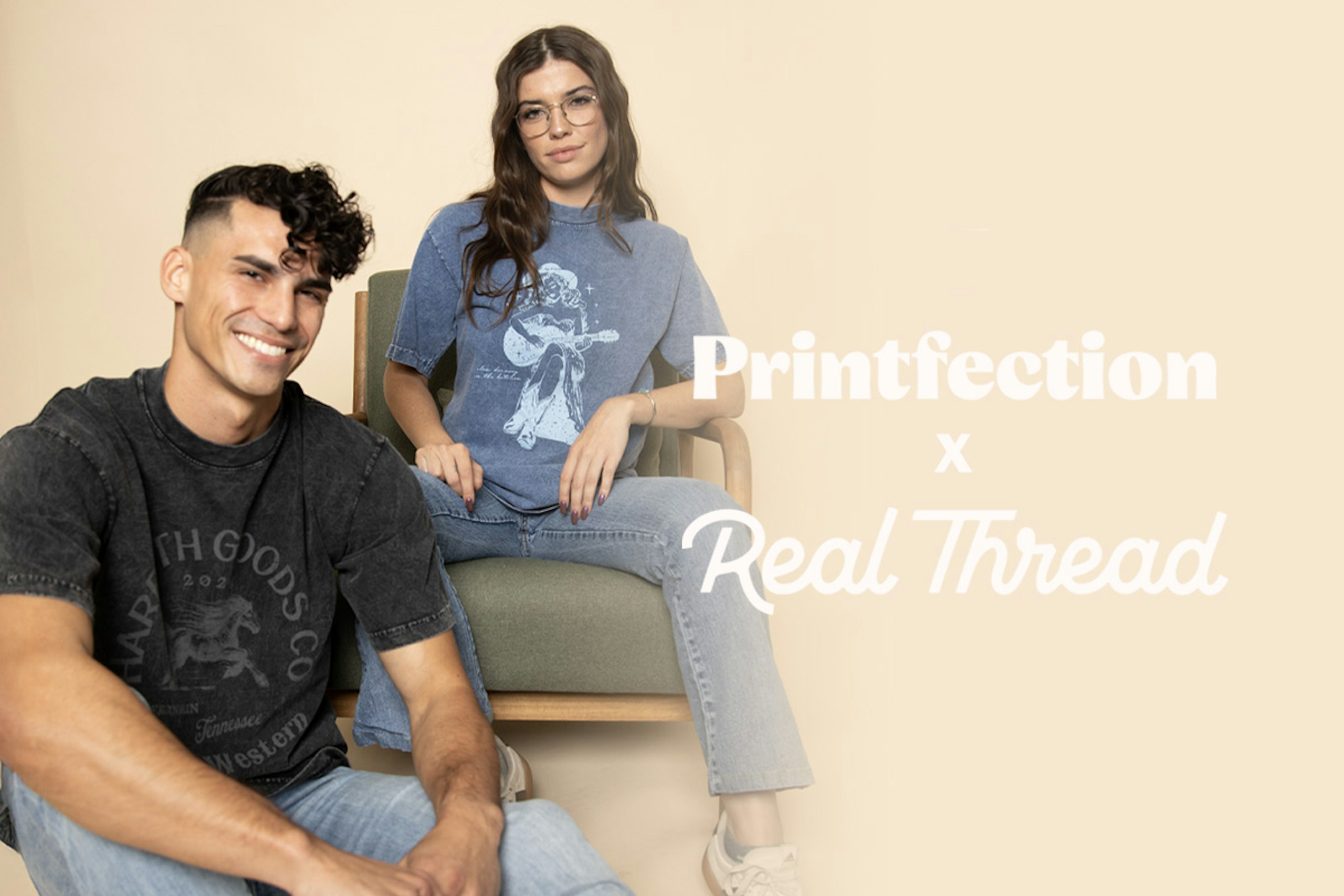 man and women sitting in front of tan photo paper with printfection and realthread logo on top