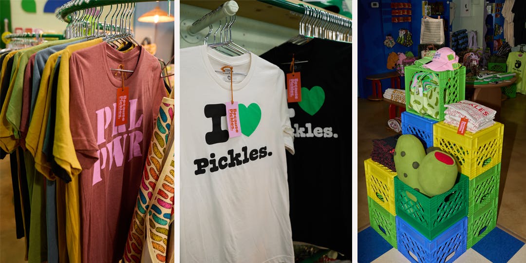 assorted t-shirts and products at the Pickle Factory