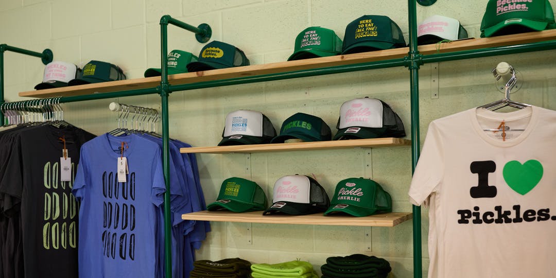 pickle hats and t-shirts at the Pickle Factory