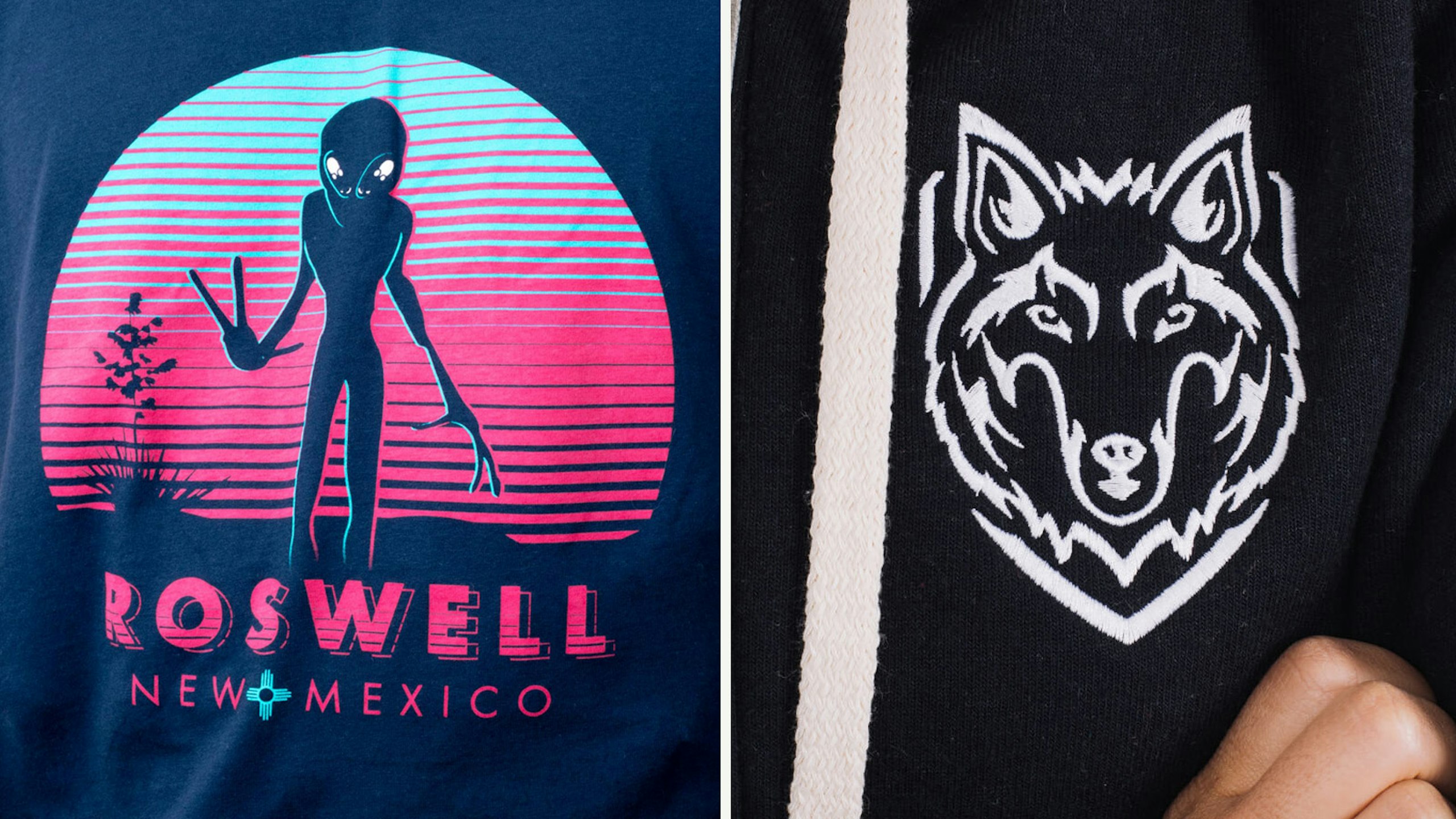 two images put together, left is a light blue and pink screen print of an alien on a navy t-shirt, the right is a white wolf embroidery on a black hoodie