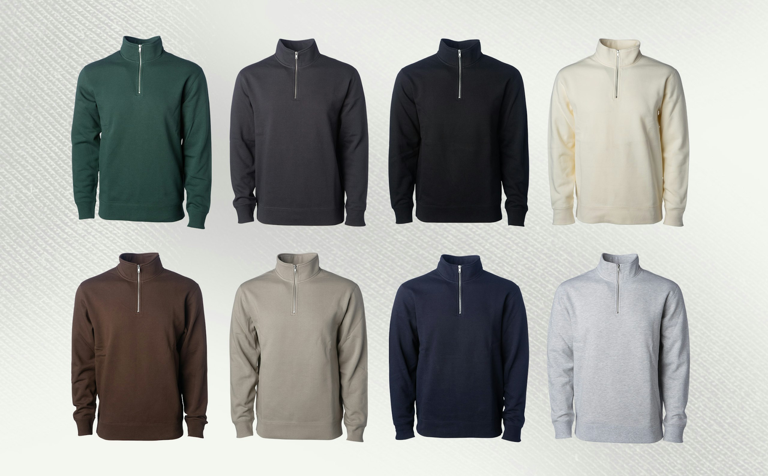 8 different colors of quarter-zip sweatshirts