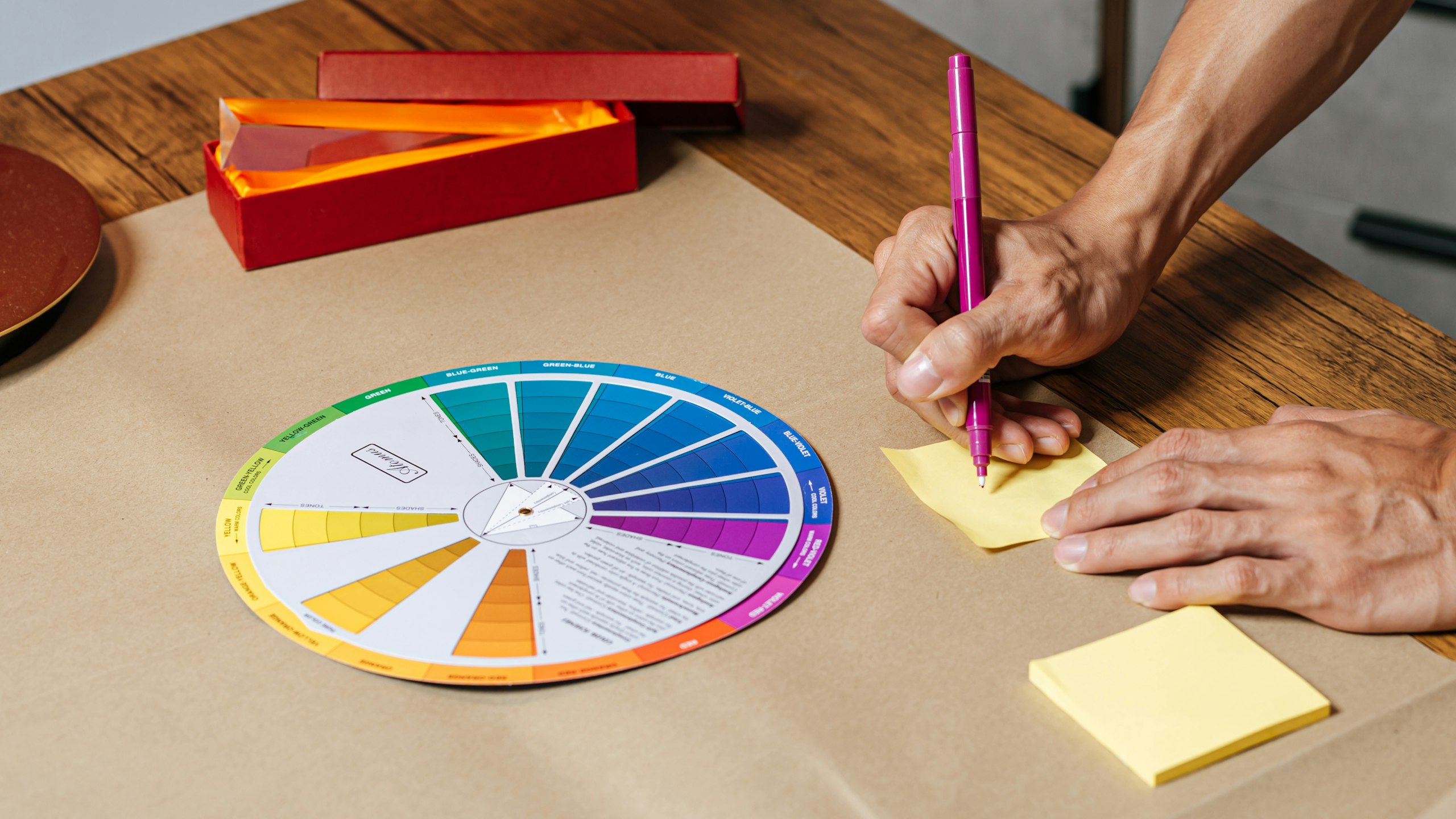 color theory wheel on craft paper