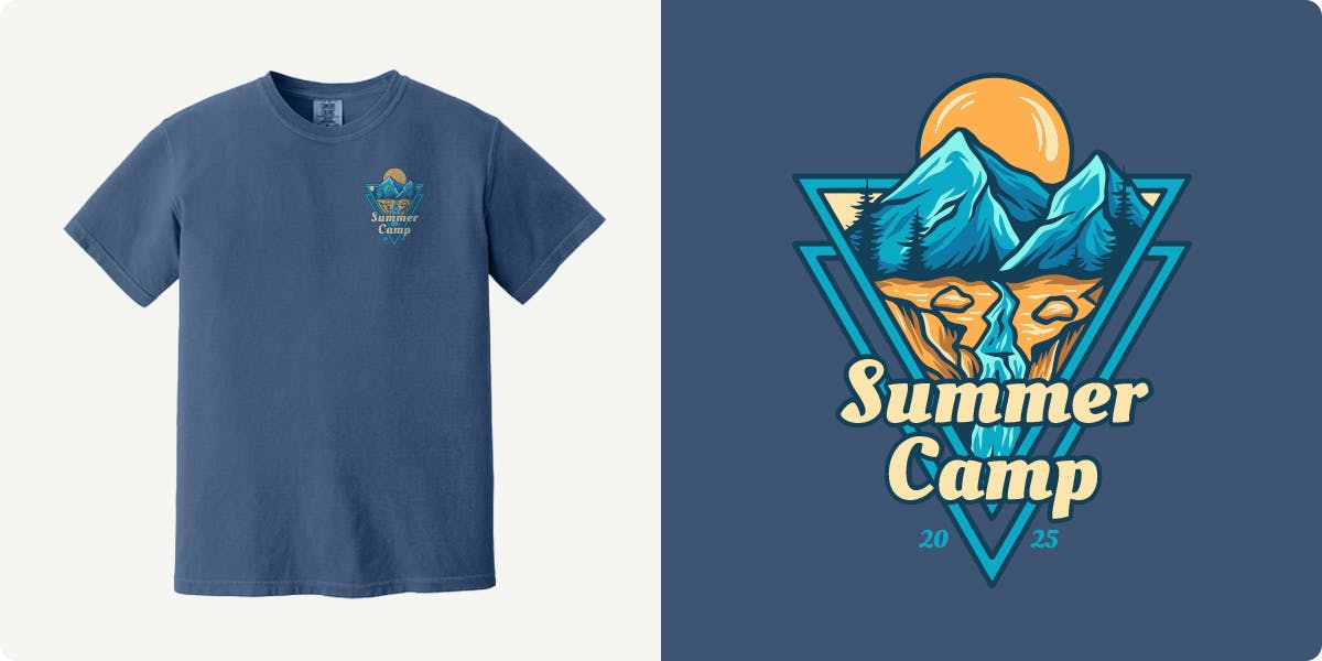 summer camp badge design with mountains, sun, and the words summer camp