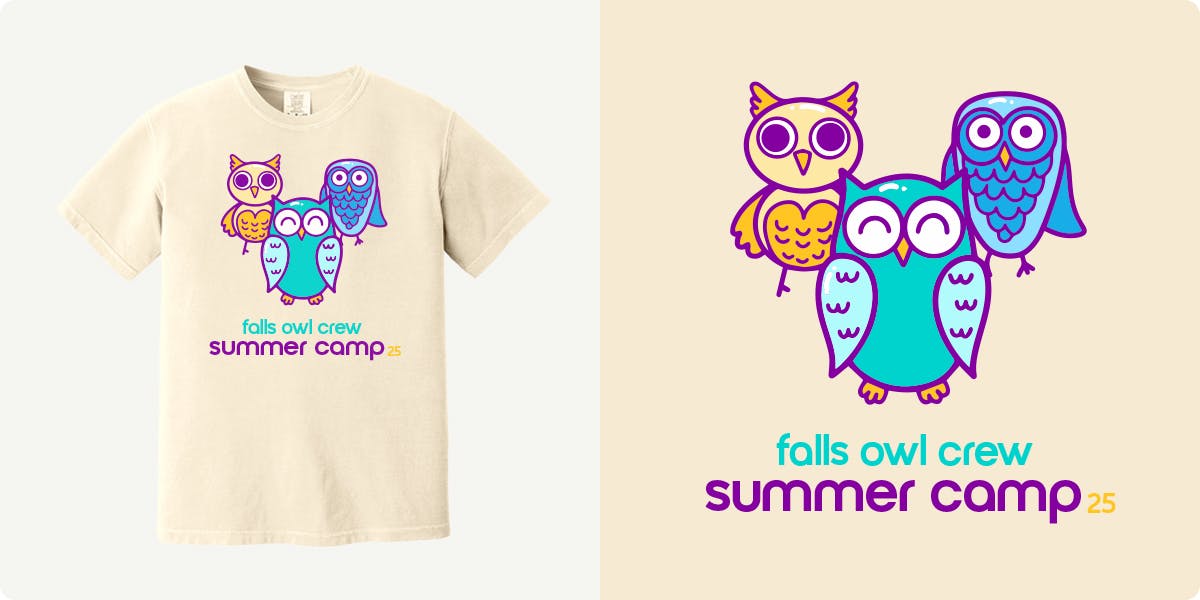 three owls illustrations with the words falls owl crew summer camp 25