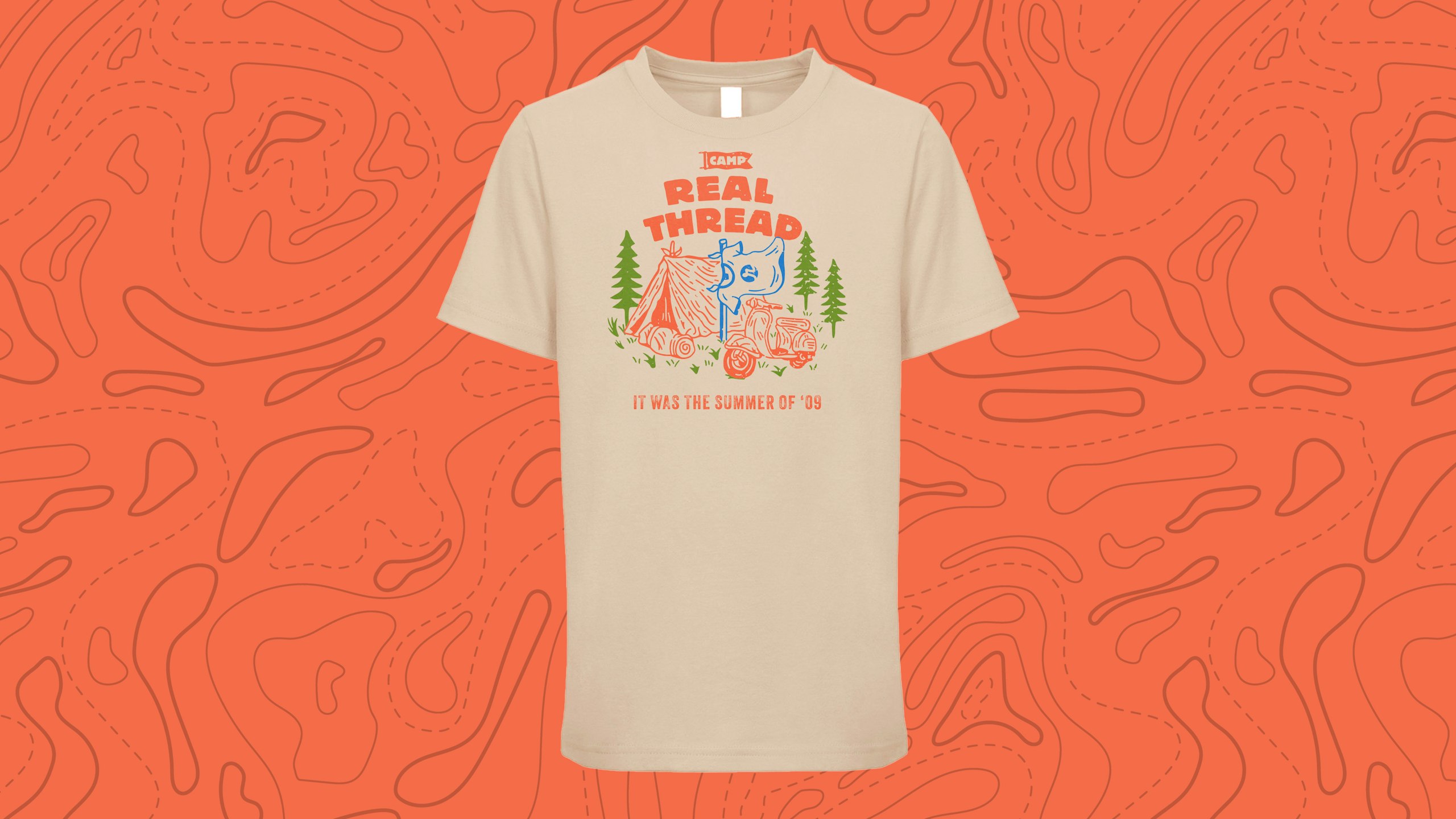 real thread NL 3310 & 3600 camp tee on a topographic texture background