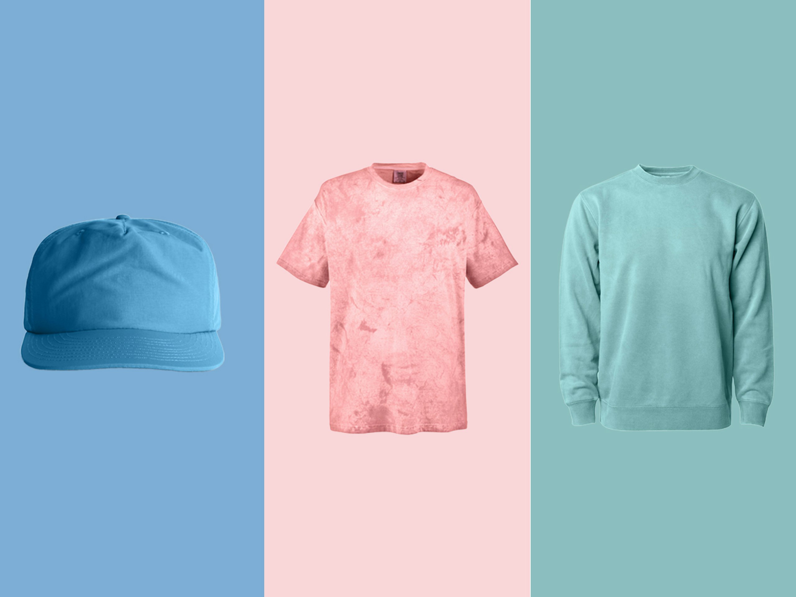 three garments - blue surf cap, pink color blast tee, and green midweight fleece crewneck sweatshirt